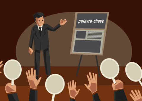 Homem a mostrar um quadro com a palavra "palavra-chave" escrita nele