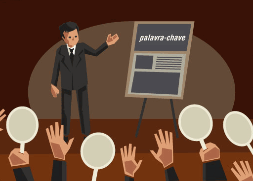 Homem a mostrar um quadro com a palavra "palavra-chave" escrita nele