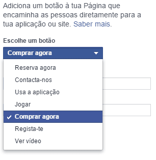 Tipo de botao chamada para ação Facebook