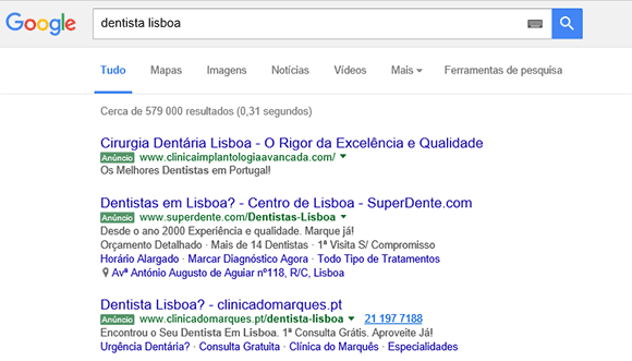 Anuncio google adwords dentista lisboa