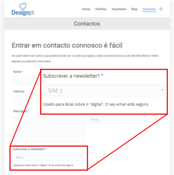 Formulário de contacto com opção de subscrição newsletter